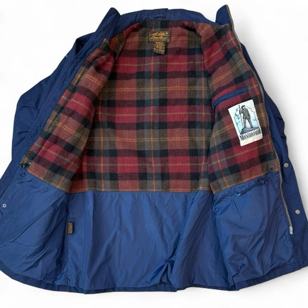 Vintage Eddie Bauer Mountain Parka Jacket L Tall Blue Zip Hooded Wool Lined Y2K